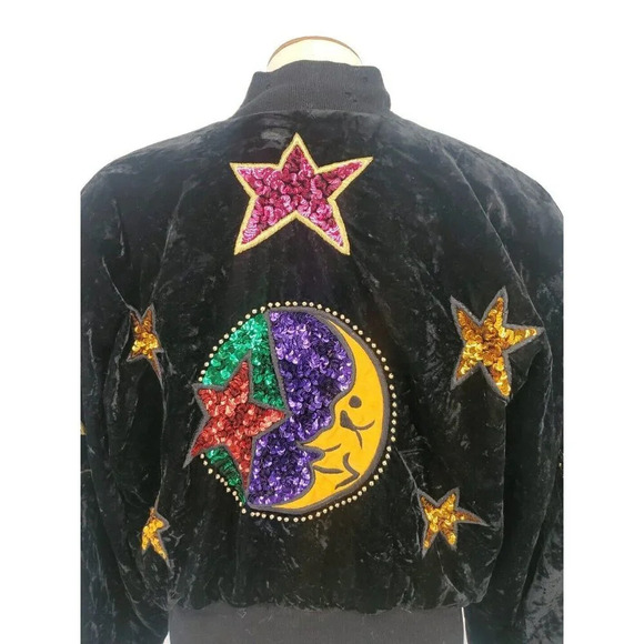 90's Escada Vintage Black Velvet Embellished Moon & Stars Bomber Jacket Size 36 - Picture 6 of 15